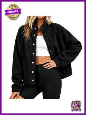 Sherpa Fleece Cropped Jacket Snap Button Pockets Stand Collar